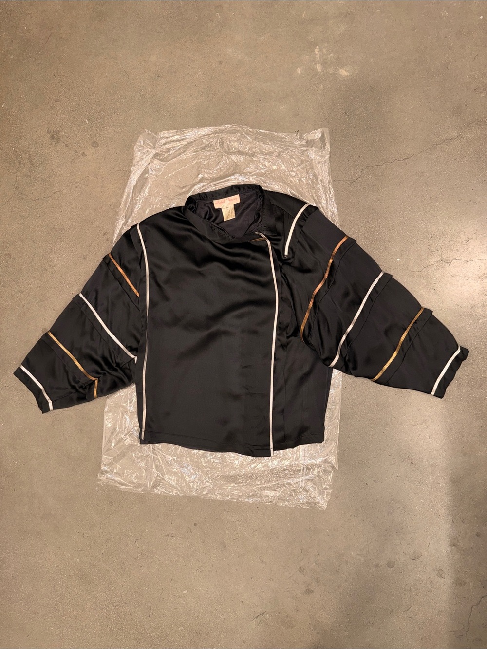 60s Michelle DOMERCQ Black silk button up with White and Gold Piping